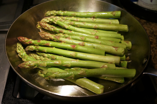 asparagus into pan