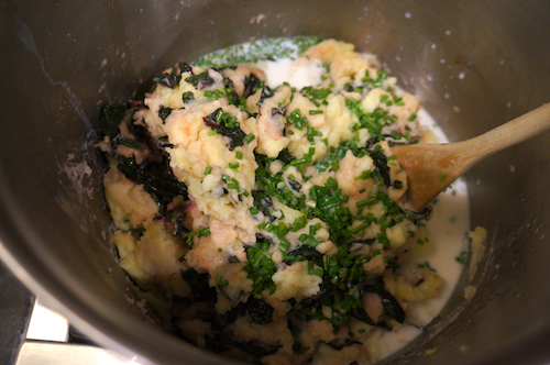 mixing colcannon
