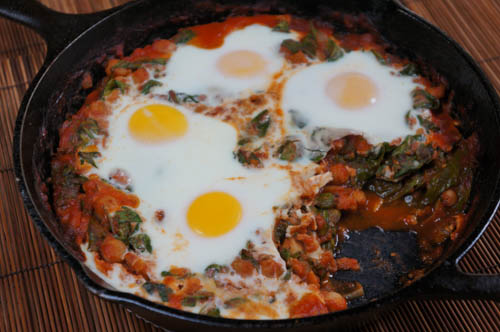 skillet eggs spinach chickpea tomato